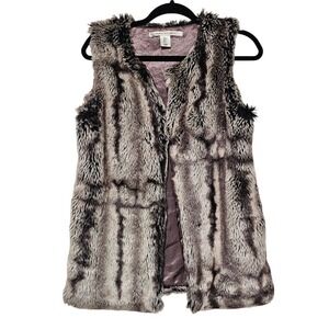 Max Studio Faux Fur Vest Women S Grey Striped Glam Luxe Winter Layering Chic ~